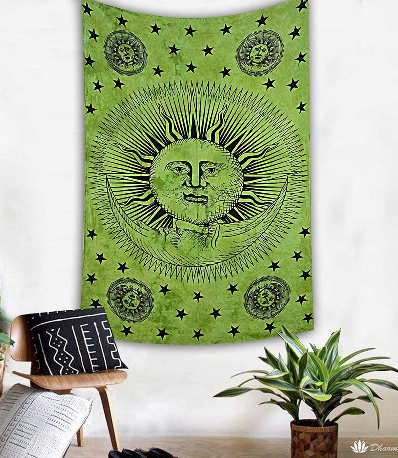 Marubhumi Psychedelic Sun Moon Stars Tie Dye Mandala Tapestry Hippie Hippy Celestial Wall Hanging Indian Trippy Bohemian Tapestries (Multi, 55 X 85 Inch (140 x 215 Cms) Home & Garden > Decor > Artwork > Decorative Tapestries Marubhumi Green 30 X 42 Inch (76 x 106 Cms) 