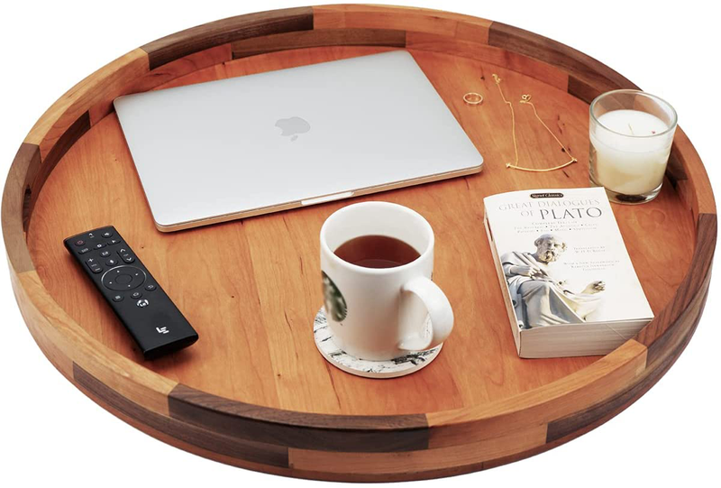 MAGIGO 24 Inches Large Round Cherry Wood Ottoman Tray with Handles, Serve Tea, Coffee or Breakfast in Bed, Classic Circular Wooden Decorative Serving Tray