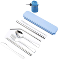 Stainless Steel Flatware Set, Portable Cutlery Set, Reusable Utensils with Case for Camping Office School Lunch, 9 Pcs including Knife Fork Spoon Chopsticks Cleaning Brush Metal Straws. (Blue)