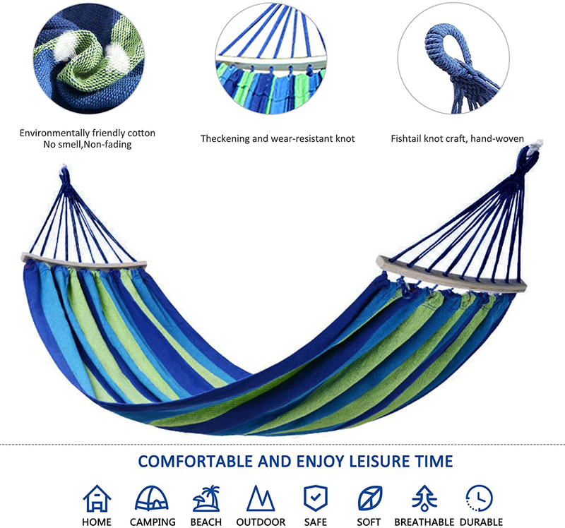 Colel Double Hammock, 2 Person Cotton Canvas Hammock 450lbs Portable Camping Hammock with Carrying Bag Two Anti Roll Balance Beam Metal Carabiner Ropes and Tree Straps for Travel Patio Garden (Blue) Home & Garden > Lawn & Garden > Outdoor Living > Hammocks Colel   