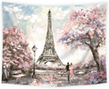 SVBright Oil Painting Paris Tapestry 59Hx78W Inch Eiffel Tower Pink Tress Love Couple European City France Art Wall Hanging Bedroom Living Room Dorm Decor Fabric Home & Garden > Decor > Artwork > Decorative Tapestries SVBright Pink and Blue 51Hx59W 