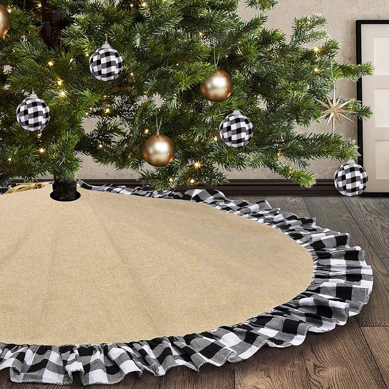 Ivarunner 48 Inch Large Burlap Christmas Tree Skirt,Rustic Jute Xmas Tree Mat with Black Plaid Ruffle Edge for Christmas Thanksgiving Decorations Farmhouse Holiday Party Ornaments