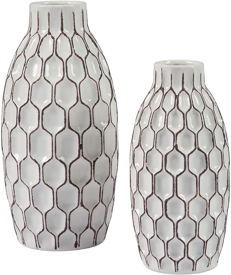 Signature Design by Ashley Dionna Geometric 2 Piece Ceramic Bottle Neck Vase Set, White and Brown Home & Garden > Decor > Vases Signature Design by Ashley Default Title  