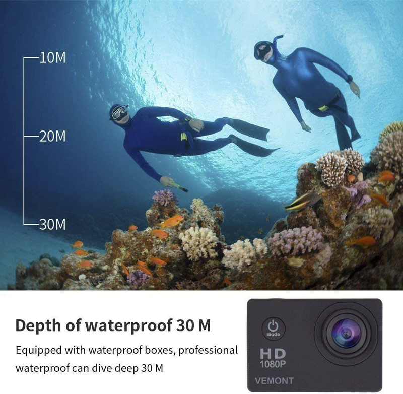 Vemont Action Camera 1080P 12MP Sports Camera Full HD 2.0 Inch Action Cam 30m/98ft Underwater Waterproof Snorkel surf Camera with Wide-Angle Lens and Mounting Accessories Kit (KH-9D91-CAOT)