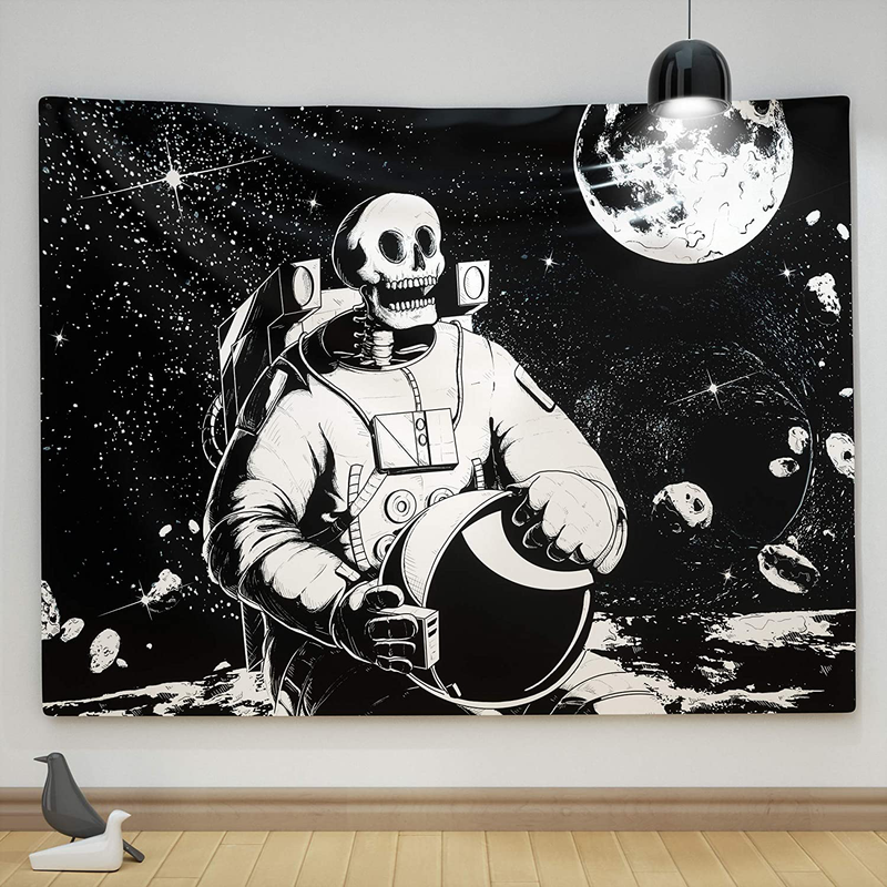 Ovenbird Skull Tapestry, Skeleton and Flower Wall Tapestry, Goth Witch Hippie Tapestry Black and White Floral with Moon Star, Tapestry Wall Hanging for Bedroom, Dorm, Room Decor, 51" X 59"