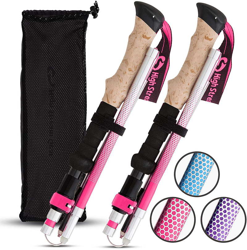 Foldable Hiking & Trekking Poles, 2 Lightweight Collapsible Walking Sticks, Adjustable Quick Lock Folding Poles with Backpacking Essentials Accessories Gift for Men and Women Sporting Goods > Outdoor Recreation > Camping & Hiking > Hiking Poles High Stream Gear Pink 100-120cm 