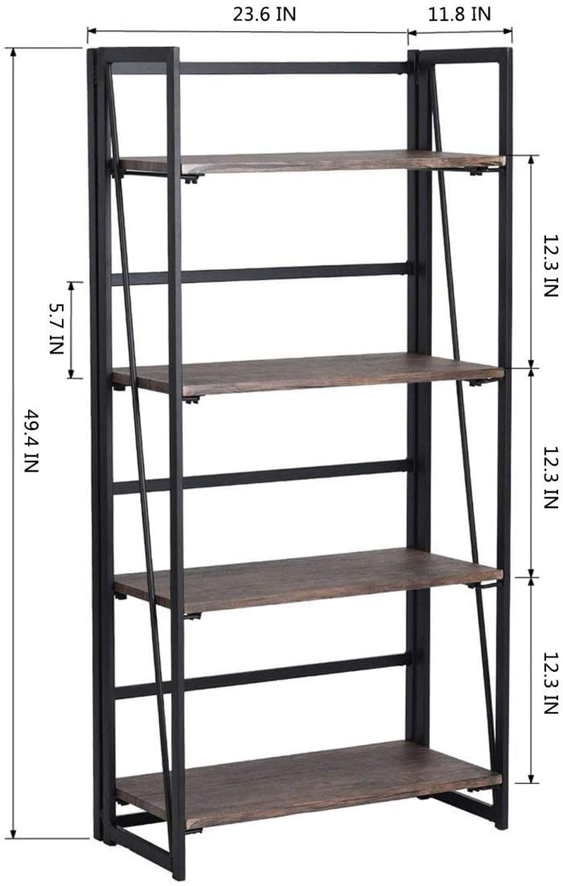 Coavas Folding Bookshelf Home Office Industrial Bookcase No Assembly Storage Shelves Vintage 4 Tiers Flower Stand Rustic Metal Book Rack Organizer, 23.6 X 11.8 X 49.4 Inches Home & Garden > Household Supplies > Storage & Organization Coavas   