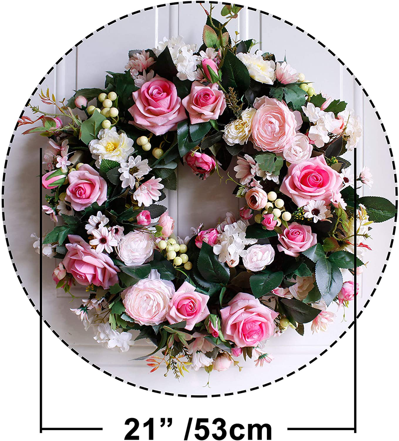 Dseap Wreath - 21”, Rose: Large Rustic Farmhouse Decorative Artificial Flower Wreath, Faux Floral Wreath for Front Door Window Wedding Outdoor Indoor - Round, Pink Home & Garden > Plants > Flowers Dseap   