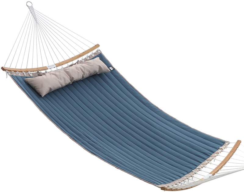 SONGMICS Hammock, Padded Double Hammock, Quilted Hammock with Hanging Straps, Detachable Curved Spreader Bars, Pillow, 78.7 x 55.1 Inches, Load Capacity 495 lb, Blue and Beige UGDC034I01 Home & Garden > Lawn & Garden > Outdoor Living > Hammocks SONGMICS Blue+beige  
