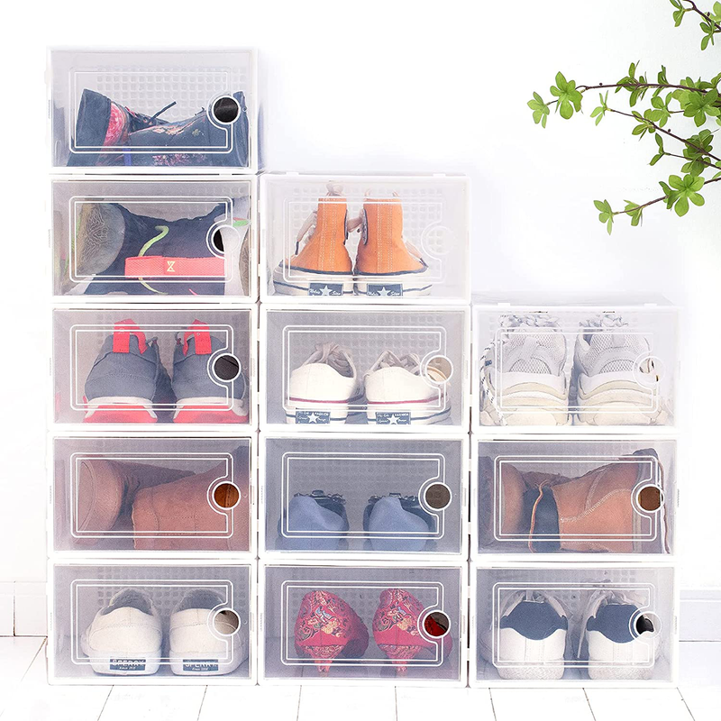 Shoe Boxes Clear Plastic Stackable,12 Pack Shoe Storage, 13” X 9” X 5.5” Shoe Organizer for Closets, Easy to Assemble, Sturdy, Front Opening, Clear Shoe Containers Furniture > Cabinets & Storage > Armoires & Wardrobes Plentio White  