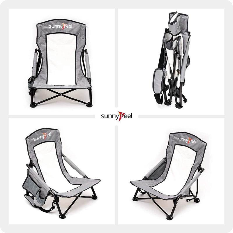 SUNNYFEEL Folding Camping Chair, Low Beach Chair Lightweight with Mesh Back,Cup Holder,Side Pocket,Padded Armrest,Sling, Portable Camp Chairs for Outdoor Picnic Fishing Lawn Concert (Grey) Sporting Goods > Outdoor Recreation > Camping & Hiking > Camp Furniture Sunnyfeel   