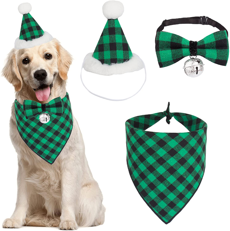 Christmas Dog Bandana Hat Bow Tie Set - Classic Plaid Pet Scarf Triangle Bibs Dog Christmas Costume Decoration Accessories for Small Medium Dogs Cats Pets