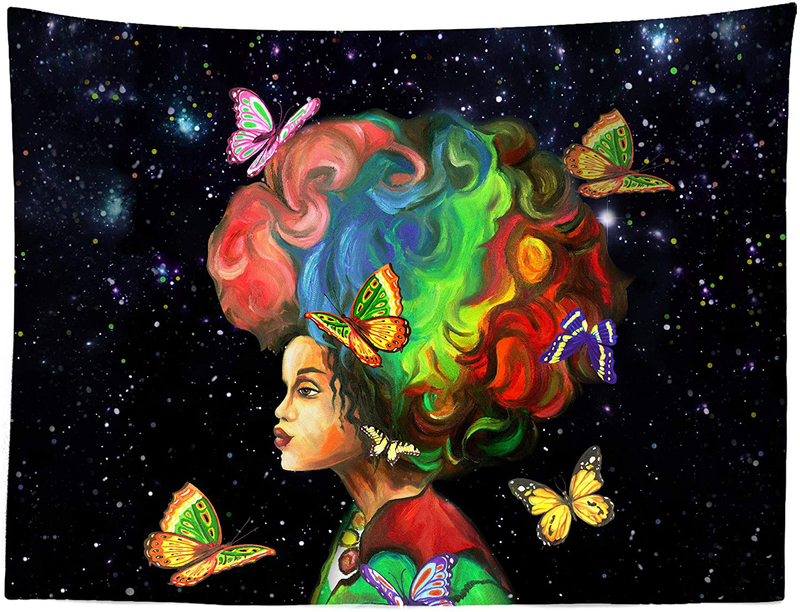 Third Goddess Tapestry Black Starry Girl Wall Hanging- African American Girl with Colorful Butterfly Wall Tapestry 70 x 90 for Home Decor & Gift(180 x 235cm)