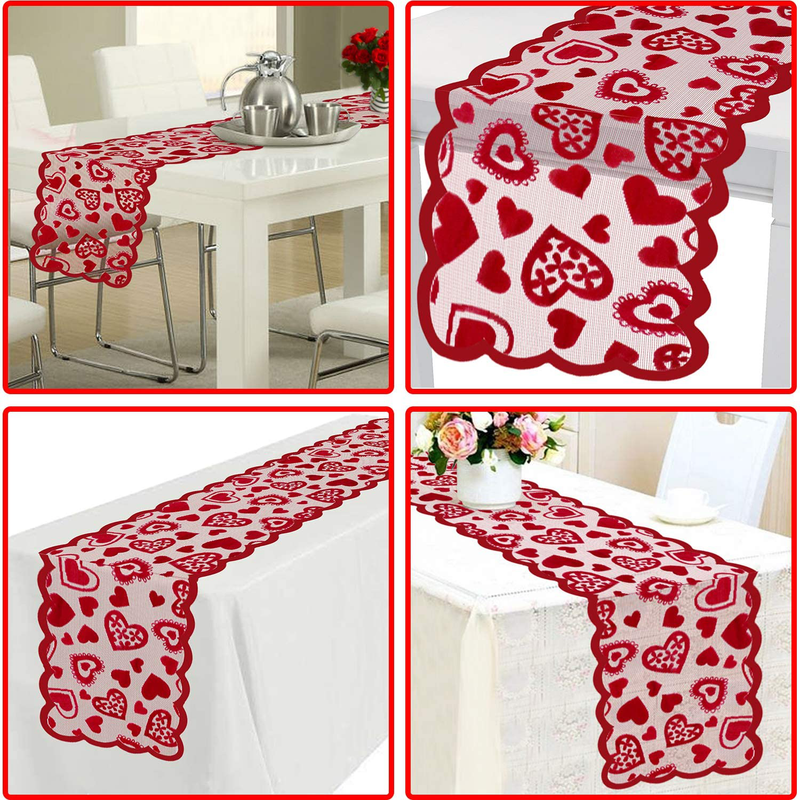 Mosoan Valentines Day Table Runner - 13 X 72 Inch Red Lace Table Runner for Wedding Party, Valentines Decorations - Valentines Day Decor Home Heart Table Runner