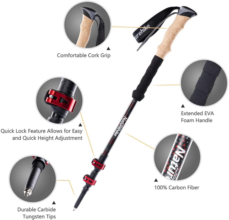 Naturehike Carbon Fiber Trekking Poles – Collapsible and Telescopic Walking Sticks with Natural Cork Handle and Extended EVA Grips, Ultralight Nordic Hiking Poles for Backpacking Camping