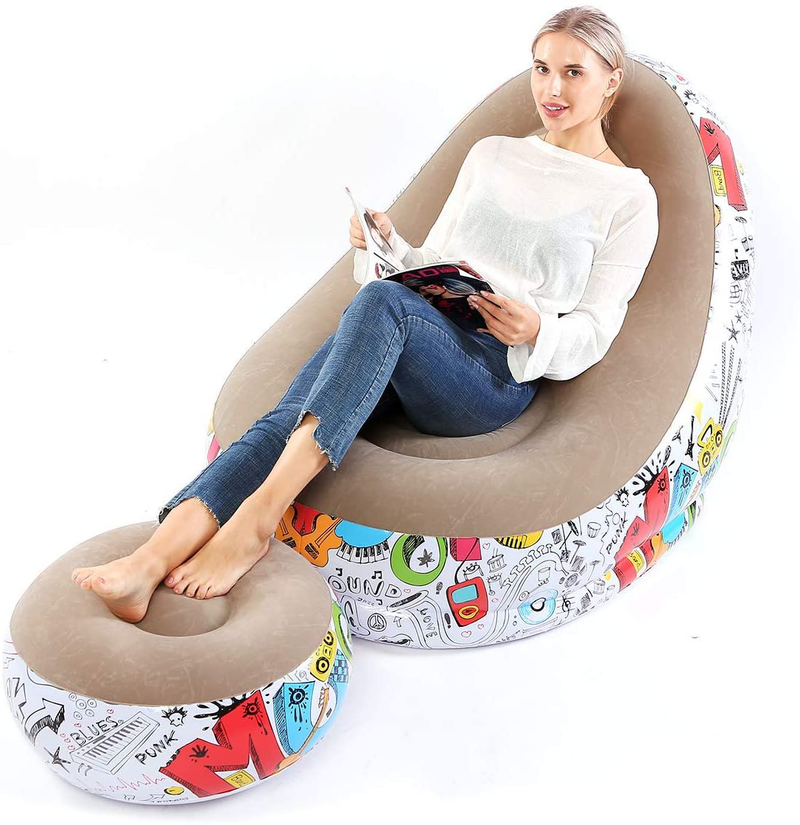 Lazy Sofa, Inflatable Sofa, Family Inflatable Lounge Chair, Graffiti Pattern Flocking Sofa, with Inflatable Foot Cushion, Suitable for Home Rest or Office Rest, Outdoor Folding Sofa Chair (Khaki)