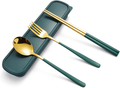 Portable Silverware Set Single Flatware with Case Reuseable Cutlery Spoon,Fork,Chopstick Stainless Steel To Go Utensils for Lunch,Travel,Camp (Green Gold)