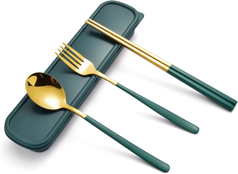 Portable Silverware Set Single Flatware with Case Reuseable Cutlery Spoon,Fork,Chopstick Stainless Steel To Go Utensils for Lunch,Travel,Camp (Green Gold) Home & Garden > Kitchen & Dining > Tableware > Flatware > Flatware Sets Rasback Green Gold  