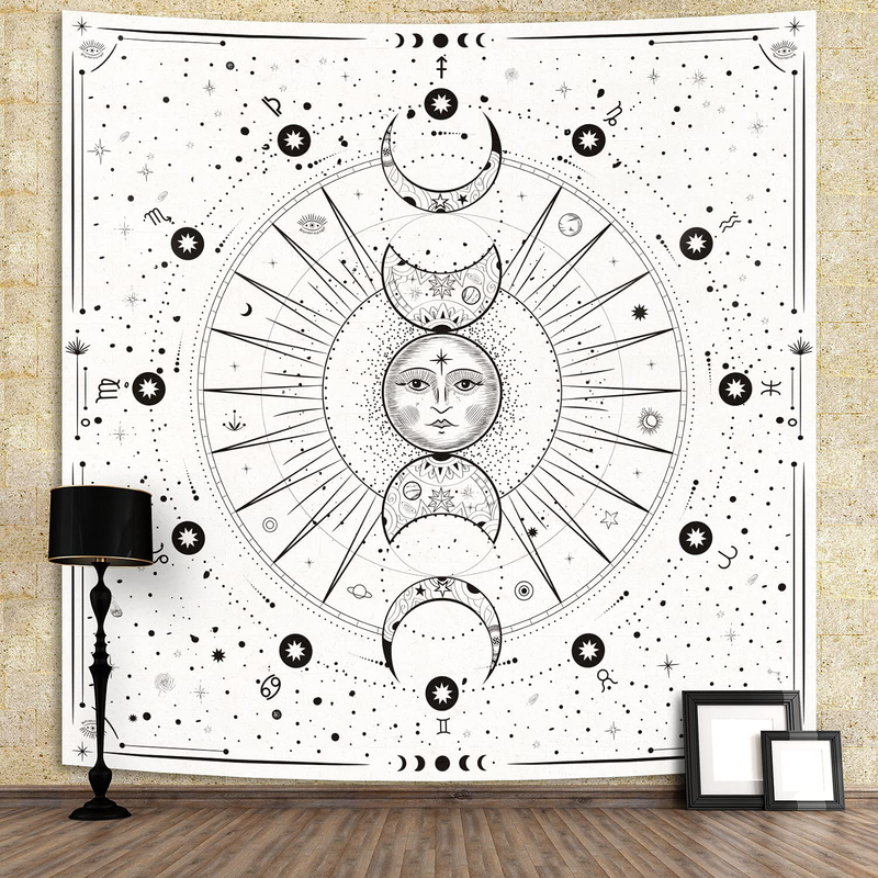 Sun Moon Tapestry Wall Hanging Stars Space Psychedelic Black and White Tapestries Wall Tapestry for Bedroom Aesthetic Home Wall Room Decor (Mysterious Black, 51.2x59.1 Inches, 130x150 cm) Home & Garden > Decor > Artwork > Decorative Tapestries Hihealer Bright White 59.1x59.1Inches, 150x150cm 