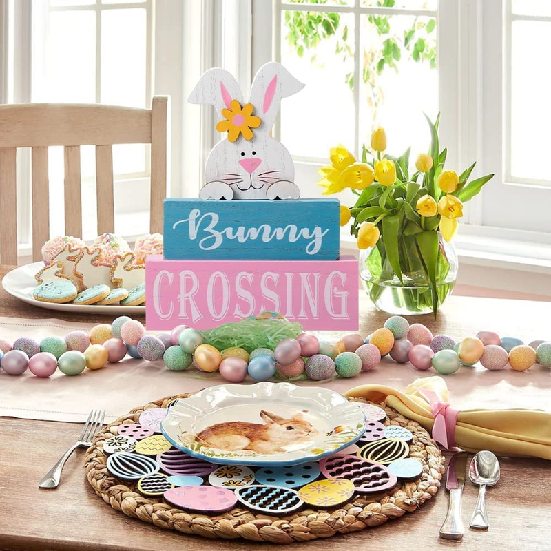 Easter Decorations for the Home, Hogardeck Rustic Bunny Crossing Wood Sign Three-Layer Wooden Block Signs Table Centerpiece Farmhouse Easter Bunny Decor for Mantle Tabletop Tiered Tray Party Home & Garden > Decor > Seasonal & Holiday Decorations hogardeck   