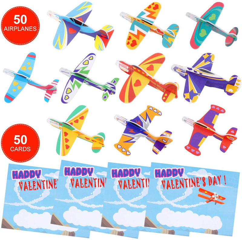 JOYGOGO 50 Pack Valentines Foam Airplanes and 50 Pack Valentine Cards for Kids, Valentines Gifts for Kids Classroom, Party Favors, Valentine Treats for School