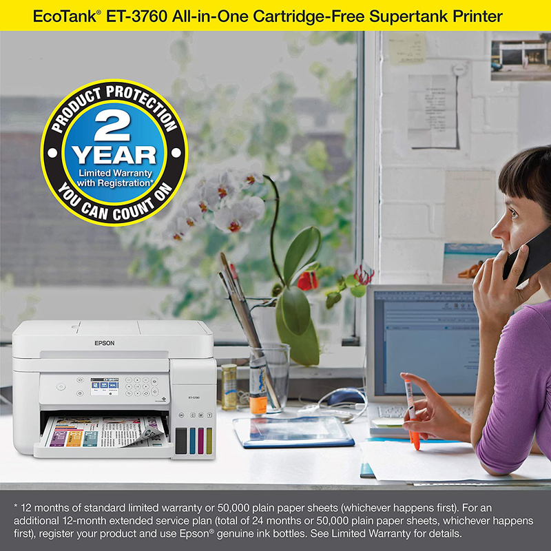 Epson EcoTank ET-3760 Wireless Color All-in-One Cartridge-Free Supertank Printer with Scanner, Copier and Ethernet, Regular Electronics > Print, Copy, Scan & Fax > Printers, Copiers & Fax Machines Epson   