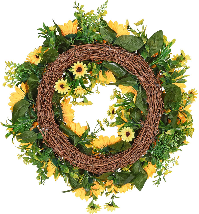 Lvydec Artificial Sunflower Summer Wreath - 16 Inch Decorative Fake Flower Wreath with Yellow Sunflower and Green Leaves for Front Door Indoor Wall Décor Home & Garden > Plants > Flowers KOL DEALS   