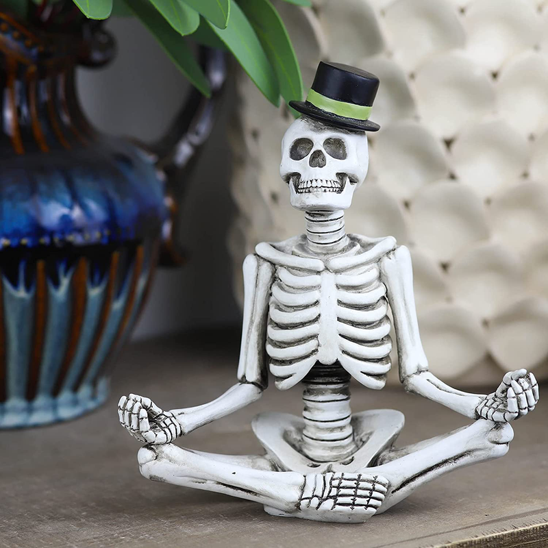Halloween Mr. and Mrs. Meditating Skeleton Figurines, Day of the Dead Table Décor Small Statues for Halloween Party Decorations on Mantel, Shelf, Buffet Table or Centerpiece, 2 Packs