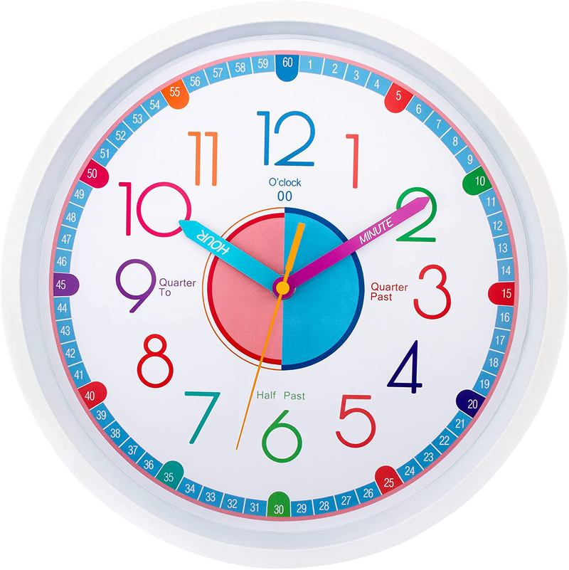 Foxtop Silent Kids Wall Clock 12 Inch Non-Ticking Battery Operated Colorful Decorative Clock for Children Nursery Room Bedroom School Classroom - Easy to Read (Colorful Numbers, 12 inch) Home & Garden > Decor > Clocks > Wall Clocks Foxtop 12 Inch White 12inch 