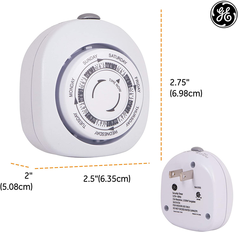 GE 7-Day Vacation Indoor Plug-In Mechanical Timer, 1 Polarized Outlet, Pre-Programmed On/Off Times for Home Security, Ideal for Lamps, Seasonal Lighting, Small Appliances, 15151,Vacation 1-Outlet | Gray/White