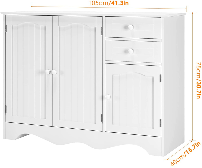 HORSTORS Buffet Sideboard, Kitchen Storage Cabinet with 3 Doors and 2 Drawers, Floor Entryway Console Cabinet for Living Room, Dining Room, Hallway, White