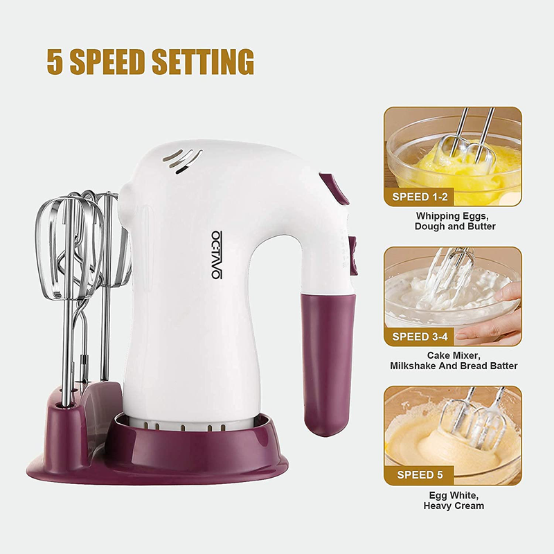 OCTAVO Hand Mixers Electric, Handheld Electric Mixer With Easy Eject Button, 2 Wired Beaters + 2 Dough Hooks And Storage base with Ultra Power 250W - 5 Speed - 120V (white) Home & Garden > Kitchen & Dining > Kitchen Tools & Utensils > Kitchen Knives Laikeda Electrical Appliance   