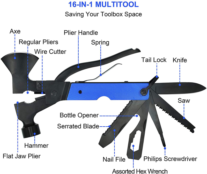 Multitool Camping, Anumit 16 in 1 Survival Gear Accessories Tools for Hiking, Fishing, Outdoor, Cool & Unique Gifts for Men Women, Car Kit with Hammer, Axe, Knife, Plier, Bottle Opener, Saw, Etc