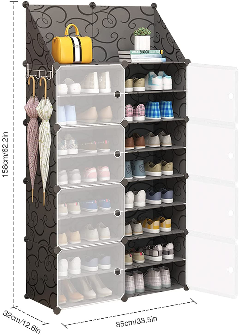 Shoe Rack Storage Cabinet with Doors, Key Holder, Portable Shoes Organizer, Expandable Standing Rack, Storage 32-64 Pairs Shoes, Boots, Slippers (2X8 Tier) (Black) Furniture > Cabinets & Storage > Armoires & Wardrobes Jomifin   