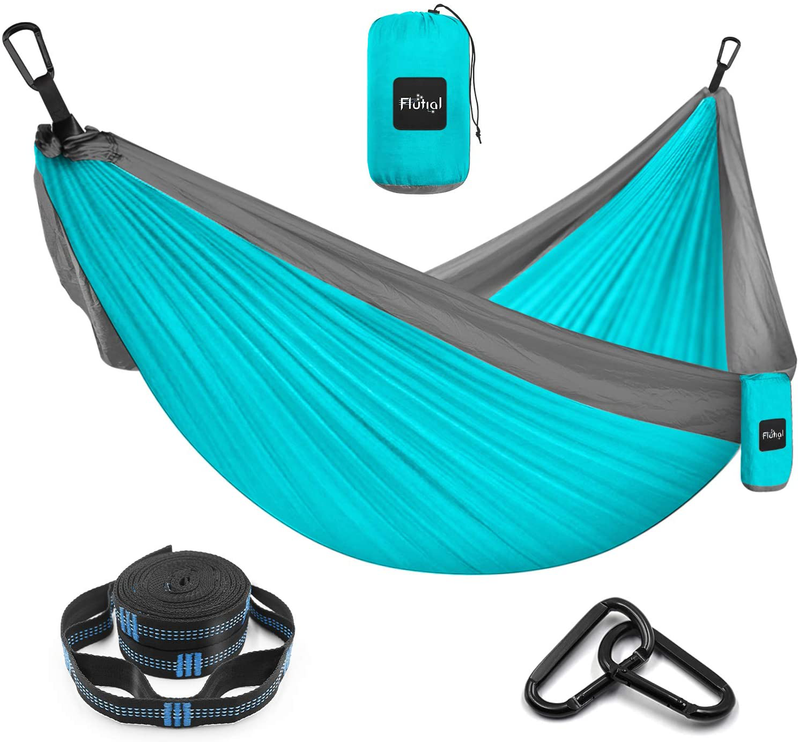 Flutial Camping Hammock Double & Single Portable Hammock with Tree Straps, Lightweight Nylon Parachute Hammocks for Indoor Outdoor Backpacking, Travel, Hiking Home & Garden > Lawn & Garden > Outdoor Living > Hammocks Flutial Light Blue&gray One Person 