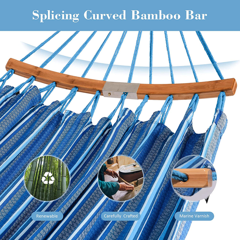SUNCREAT Hammocks Double Hammock with Curved Bamboo Spreader Bar, Outdoor Portable Hammock with Carrying Bag & Tree Straps for Bedroom, Patio, Backyard, Balcony, Max 450lbs Capacity, Blue Home & Garden > Lawn & Garden > Outdoor Living > Hammocks SUNCREAT   