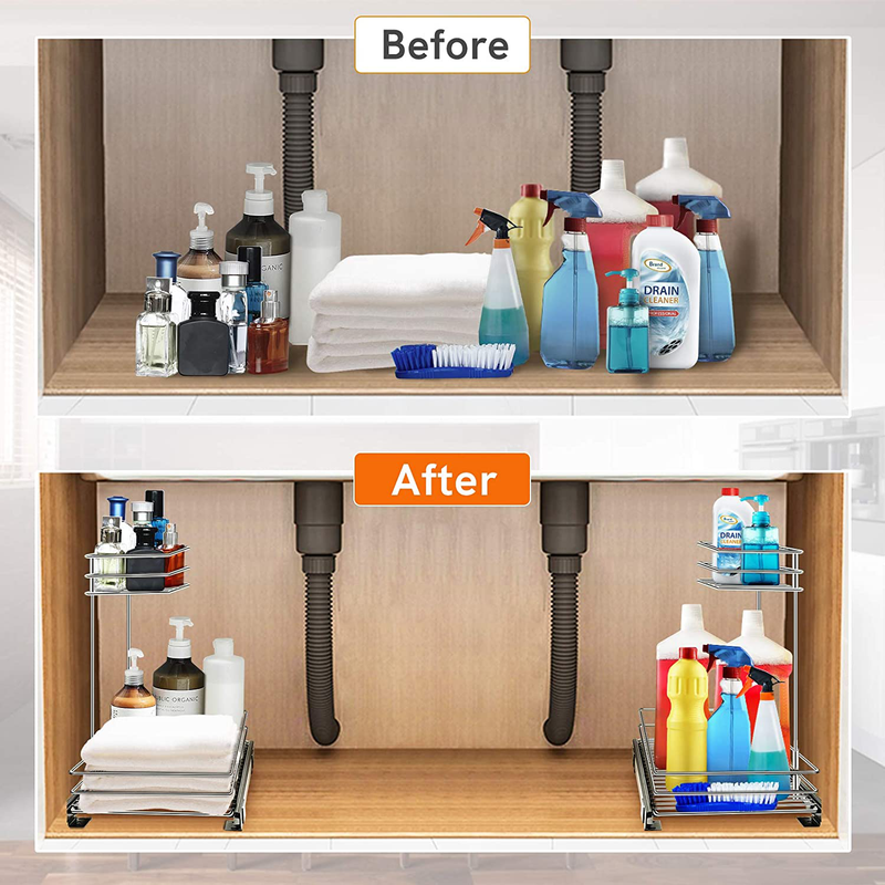 Pull Out Cabinet Organizer, AHNR 2-Tier under Sink Slide Out Kitchen Cabinet Storage Shelves with Sliding Storage Drawer for Cabinet - 12.6W X 16.5D X 13H, Request at Least 13" Cabinet Opening