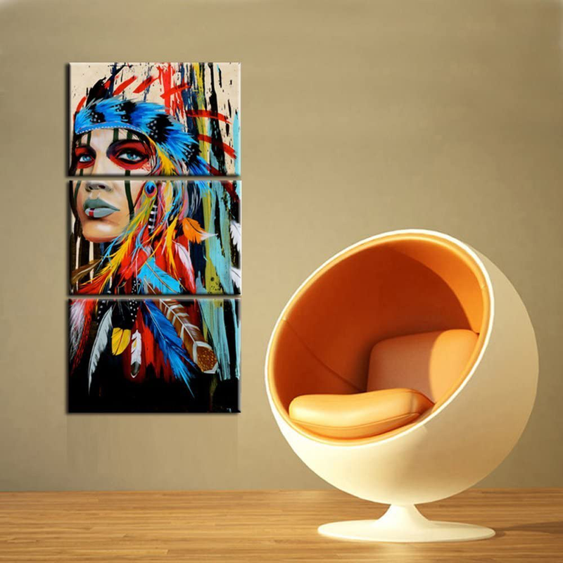 Native American Painting Indian Canvas Wall Art Indians Woman Girl Colorful Feathered Prints Wrapped on Frames for Home Wall Art Decoration (14x20inchx3 Pieces) Home & Garden > Decor > Seasonal & Holiday Decorations& Garden > Decor > Seasonal & Holiday Decorations Jingtao Art   