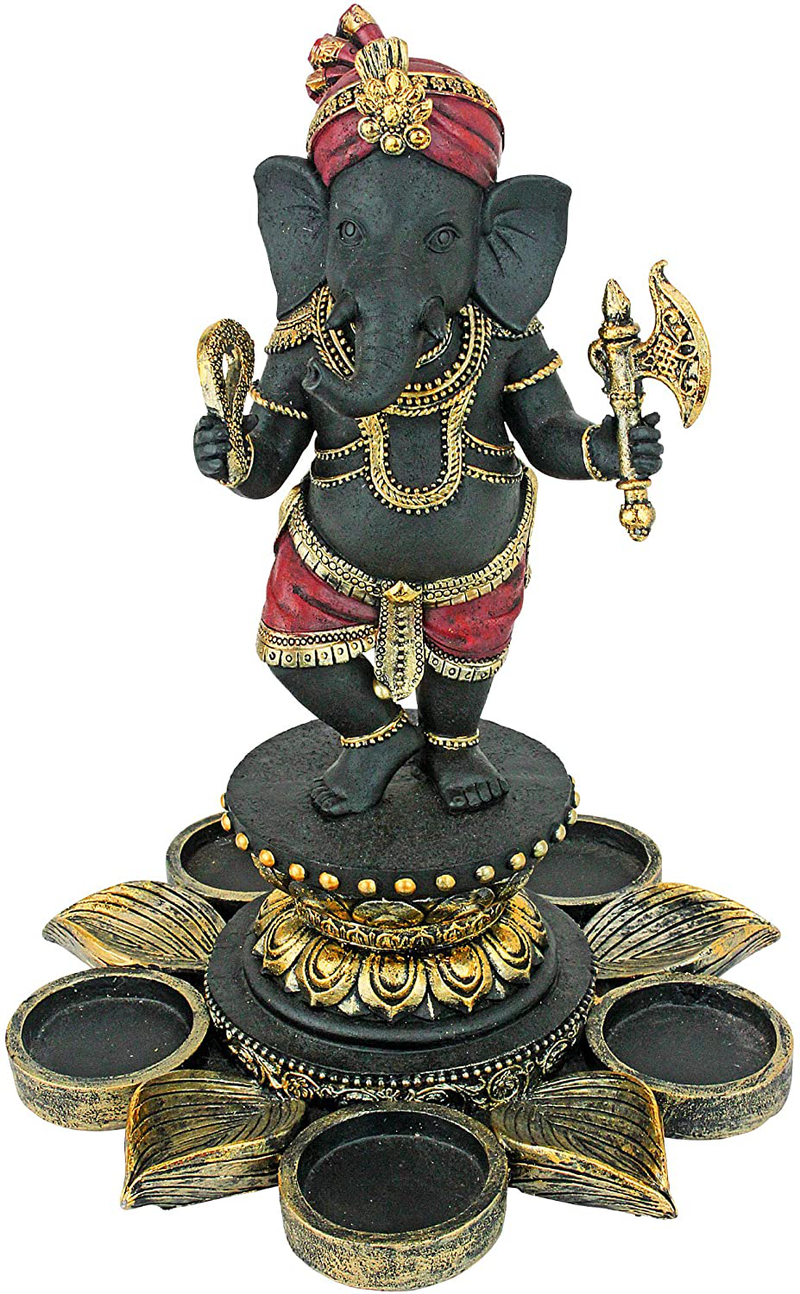 Design Toscano QS29200 Standing Lord Ganesha on Lotus Flower Hindu Elephant God Statue Candle Holder, 10 Inch, Black, Red and Gold Home & Garden > Decor > Home Fragrance Accessories > Candle Holders Design Toscano   