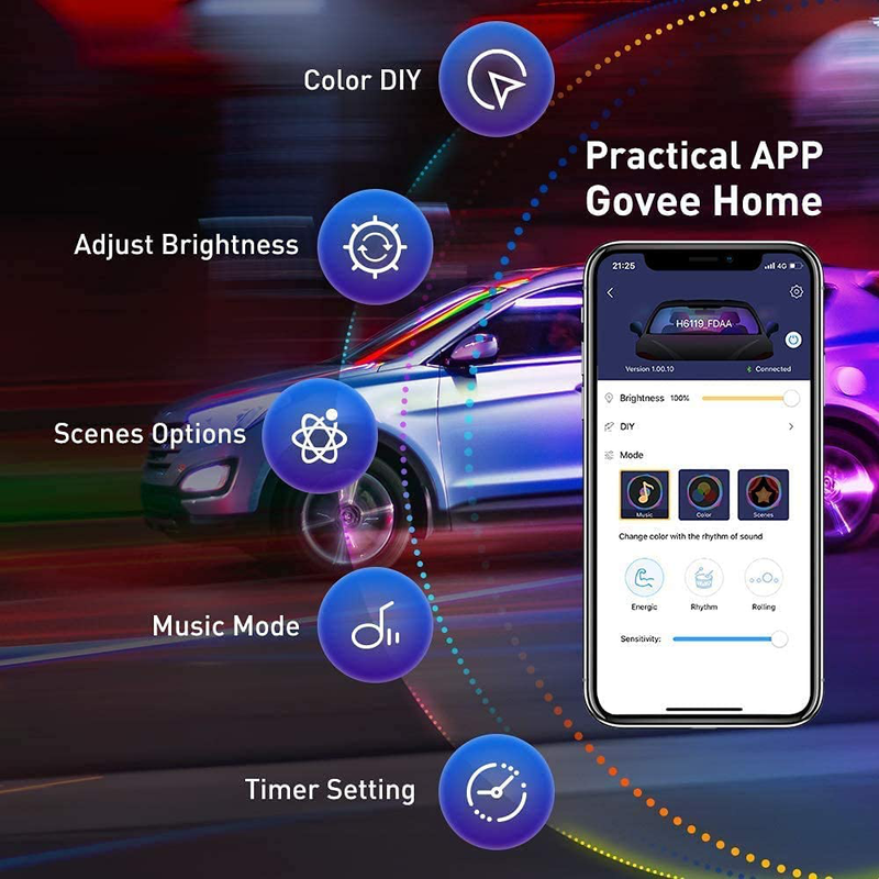 Govee RGBIC Interior Car Lights with Smart App Control, 2 Lines Design LED Car Lights, Music Sync Mode, DIY Mode, and Multiple Scene Options for Cars, Trucks, SUVs Vehicles & Parts > Vehicle Parts & Accessories > Motor Vehicle Parts > Motor Vehicle Lighting ‎Govee   
