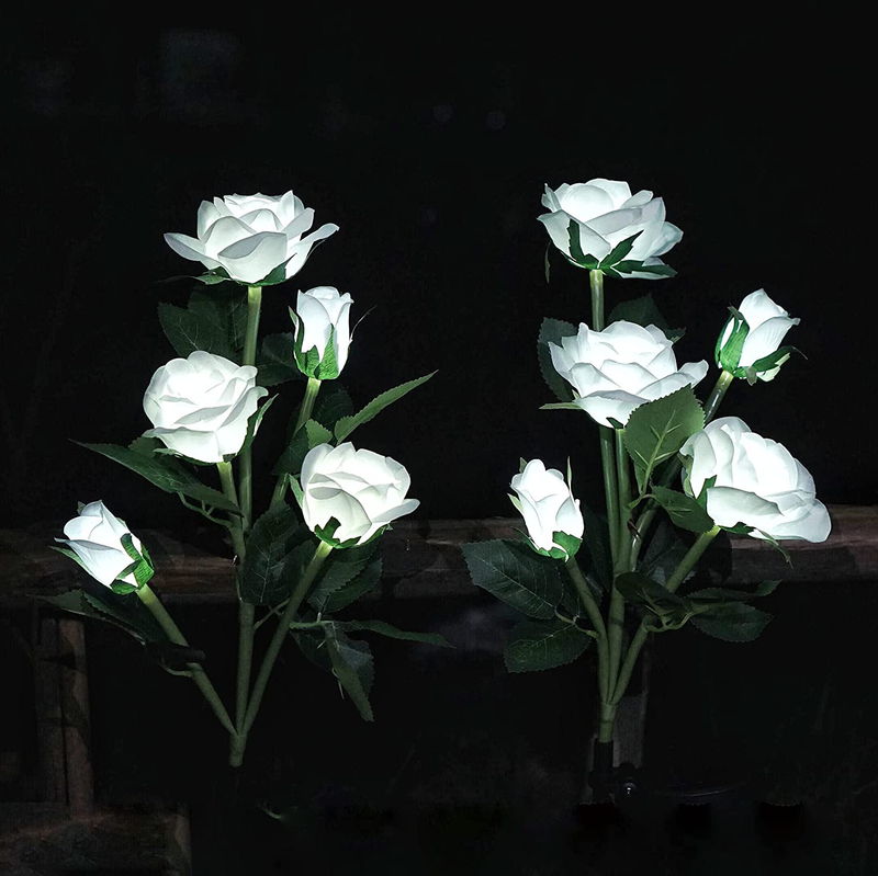 Solar Garden Rose Lights, Decorman 2 Pack Realistic Solar Outdoor Flower Lights Waterproof LED Stake Landscape Decorative Lights with 5 Roses for Garden, Lawn, Yard, Pathway, Patio, Backyard (Pink) Home & Garden > Decor > Seasonal & Holiday Decorations Decorman White  