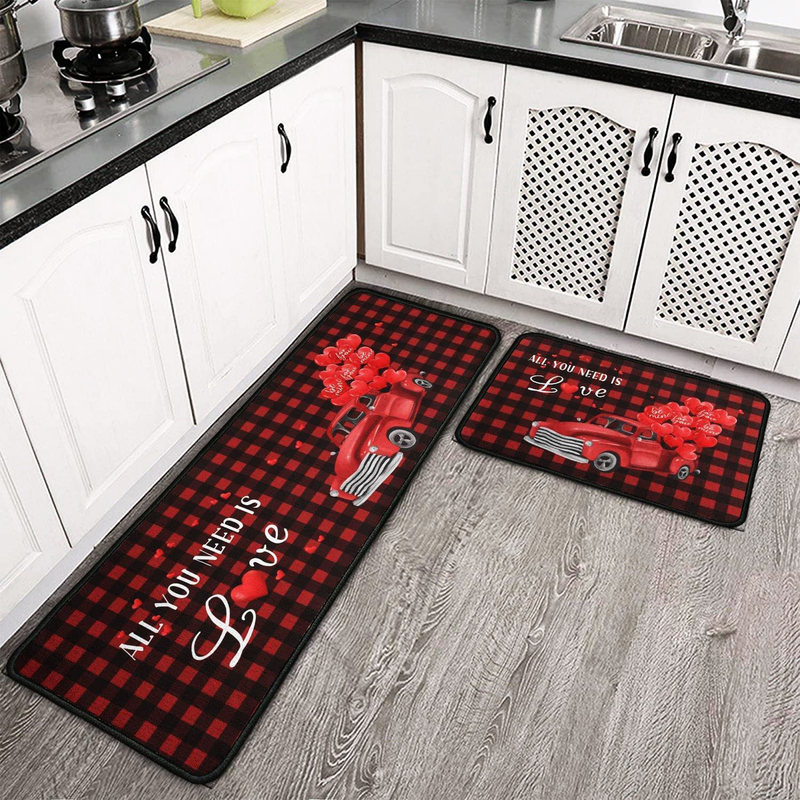 Kitchen Rugs and Mats Sets of 2 ,Valentine'S Day Kitchen Rugs Red Truck Love Heart Buffalo Plaid Decoration Non-Slip Rugs,Rubber Backing Waterproof Floor Mat,17.7X23.6+17.7X47.2Inch Home & Garden > Decor > Seasonal & Holiday Decorations Faptoena   