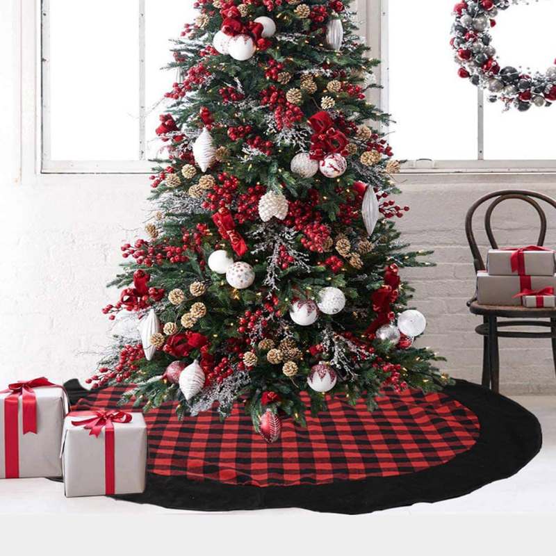 Medoore Black and White Buffalo Plaid Check Christmas Tree Skirt 48 inches, Country Xmas Tree Decorations Tree Skirts Double Layers Holiday Ornaments