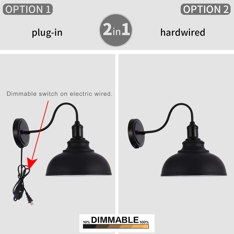 Larkar Dimmable Vintage Wall Lamp Black Industrial Vintage Farmhouse Wall Sconce Lighting Gooseneck Wall Light Fixture with Plug in Cord and on off Toggle Switch for Bedroom Nightstand, Set of 2
