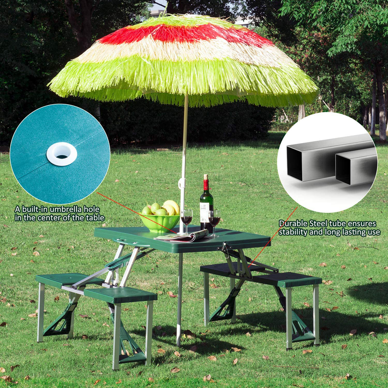 Outsunny Portable Foldable Camping Picnic Table with Seats Chairs and Umbrella Hole, 4-Seats Aluminum Fold up Travel Picnic Table, Green Sporting Goods > Outdoor Recreation > Camping & Hiking > Camp Furniture Outsunny   