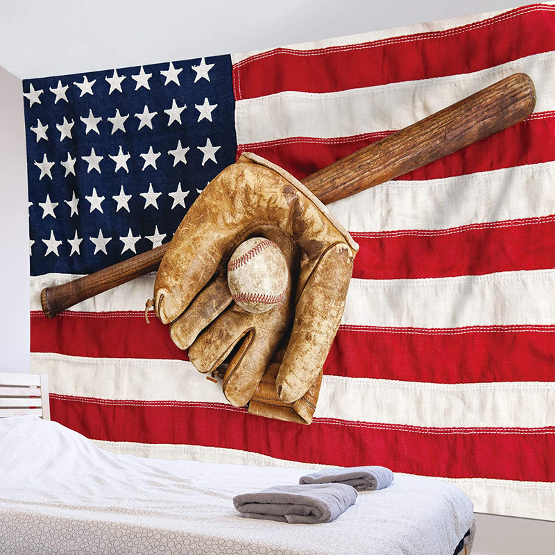 HVEST Sport Tapestry Baseball Glove and Bat Wall Hanging American Flag Wall Tapestry for Bedroom Living Room Dorm Party Wall Decor,60Wx40H inches Home & Garden > Decor > Artwork > Decorative Tapestries HVEST 92.5" X 70.9"  