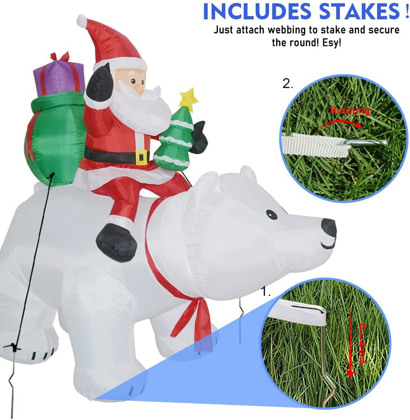 GOOSH 6 FT Length Christmas Inflatables Outdoor Santa Clause Riding The Polar Bear with Shaking Head, Blow Up Decoration Clearance with LED Lights Built-in for Holiday/Christmas/Party/Yard/Garden