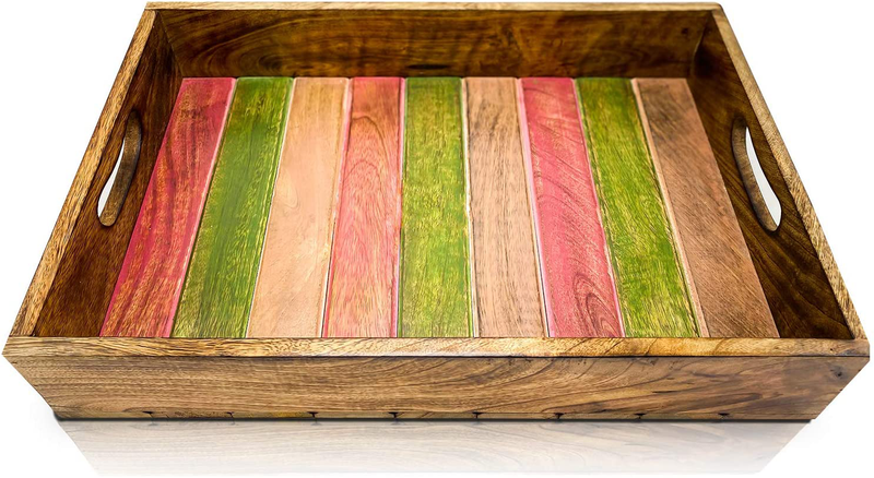 Olive + Crate KitchenPerfect Large Hand Made Decorative Wooden Serving Trays for Coffee Table with Handles, Rustic Farmhouse Style, for Eating Or Drinks On Sofa, Living Room, Kitchen or in Bed… Home & Garden > Decor > Decorative Trays Olive + Crate Green-tan-blue 18IN x 12IN x 3IN 