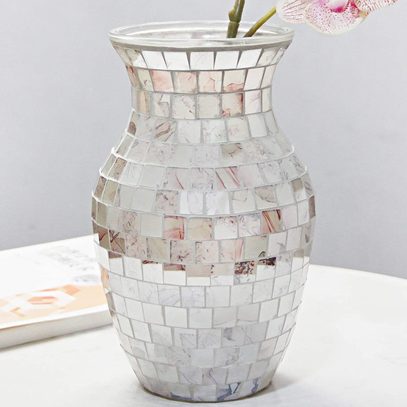 SHMILMH White Glass Vases for Flowers, Unique Handmade Natural Shell Vase, Rustic Mosaic Vases for Bouquets, Home Decor, Wedding, 8" Home & Garden > Decor > Vases SHMILMH Mosaic White Gray Vase  