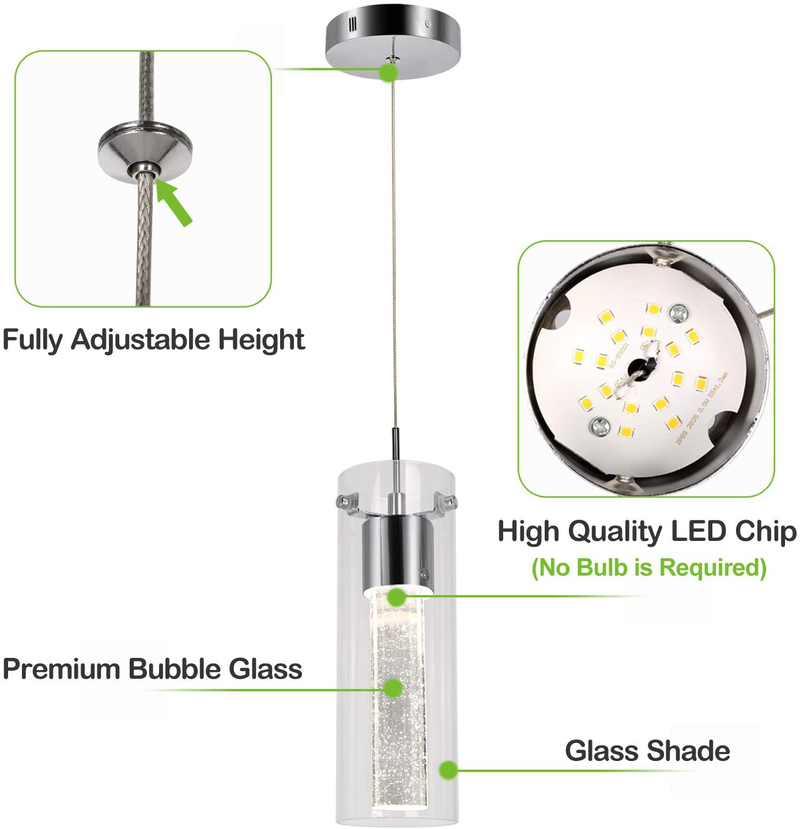 Hykolity Pendant Light, 1-Light Integrated LED Kitchen Lighting, 8.5W (40 Watt Equivalent), CRI 90+, 640lm Premium Bubble Glass with Chromed Finished, ETL Listed